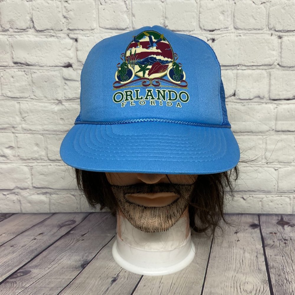 Vintage Hat Cap Snapback Blue trucker Mesh Rope Orlando Florida Graphic Tourist